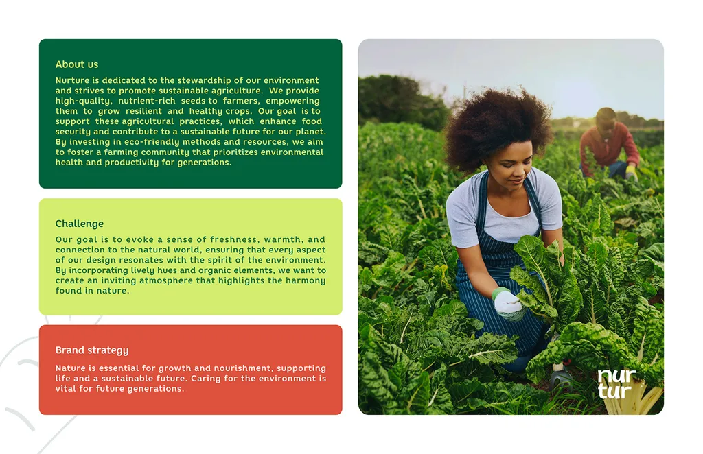 Nurtur about page with About us, Challenge and Brand strategy panels next to a woman harvesting leafy greens in a field