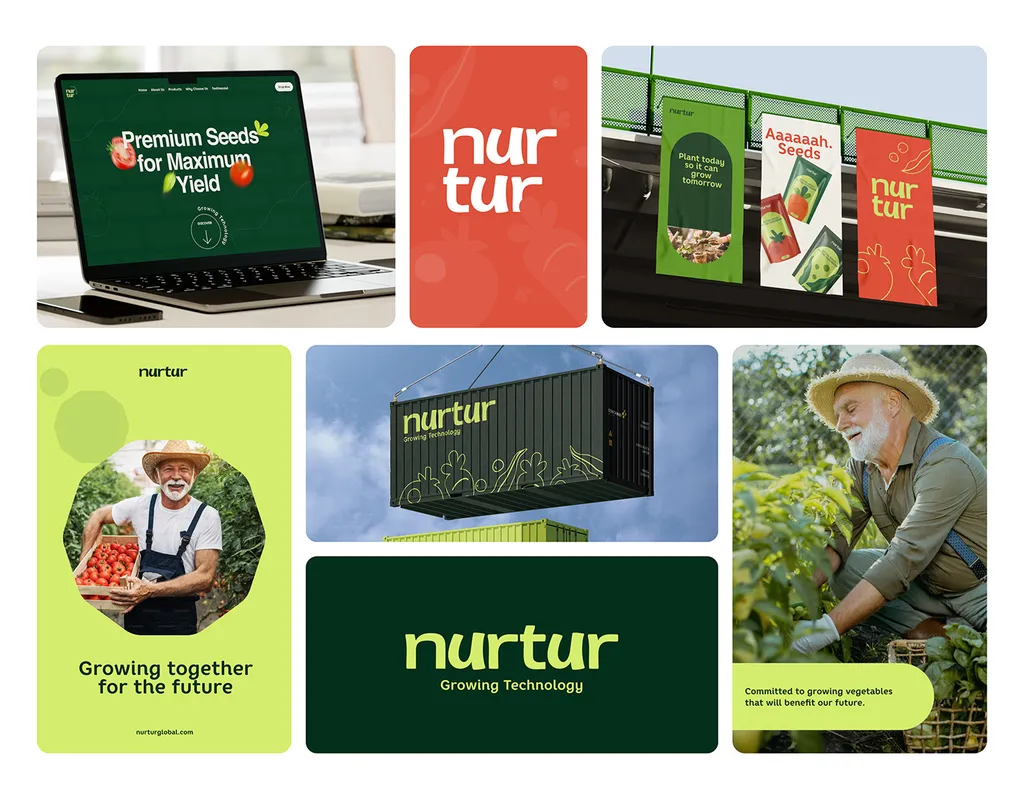 Nurtur brand overview: website on a laptop, red logo card, street banners, a farmer poster, a shipping container and a green logo