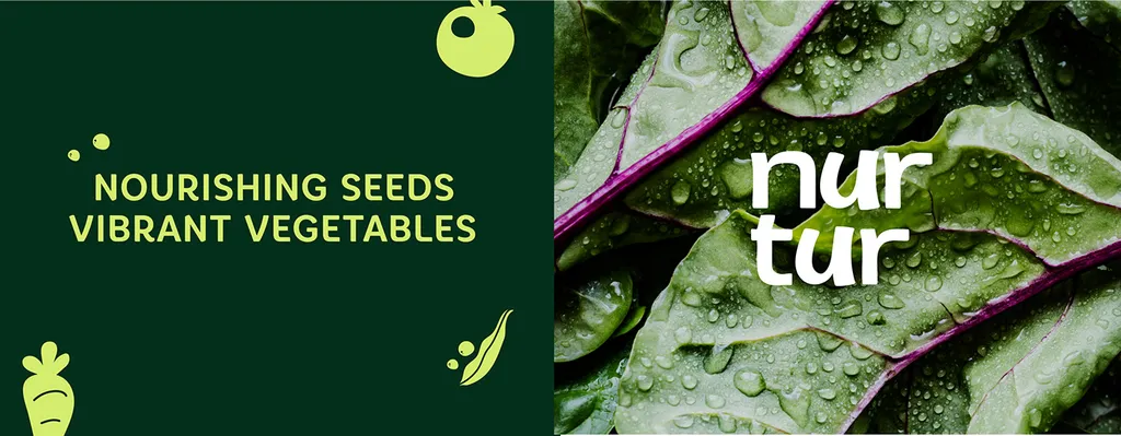 Nurtur “Nourishing Seeds Vibrant Vegetables” in lime on dark green, beside the stacked white wordmark on wet chard leaves