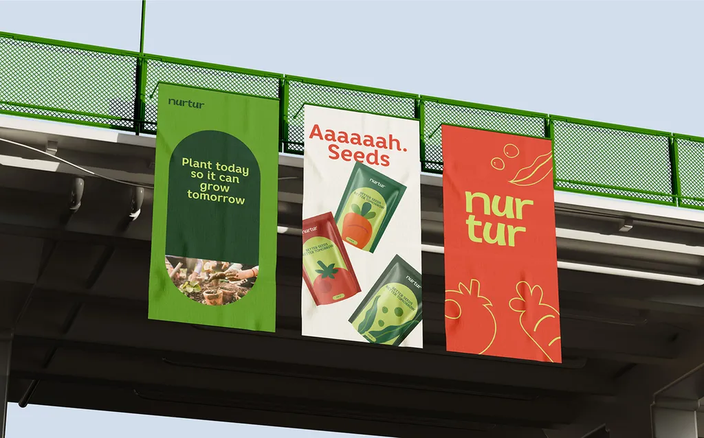 Nurtur banners hanging from a green bridge: “Plant today so it can grow tomorrow”, “Aaaaaah. Seeds” and the red logo