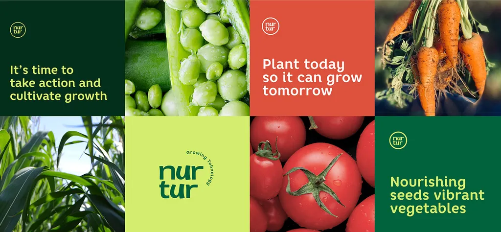 Nurtur grid: “Plant today so it can grow tomorrow” and two more lines in green and red, beside peas, carrots, corn and tomatoes
