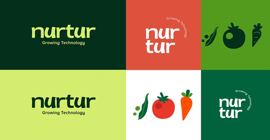 Nurtur logo versions in dark green, lime, red and green, with “Growing Technology” and flat pea pod, tomato and carrot icons
