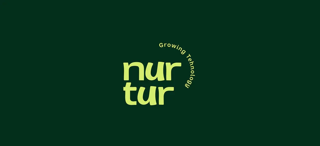Nurtur stacked wordmark in lime on dark green, with the Growing Technology line curving around its top right