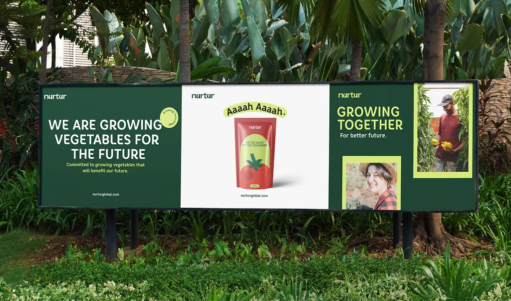 Nurtur billboard among palms: “We Are Growing Vegetables For The Future”, a tomato seed pack and “Growing Together”