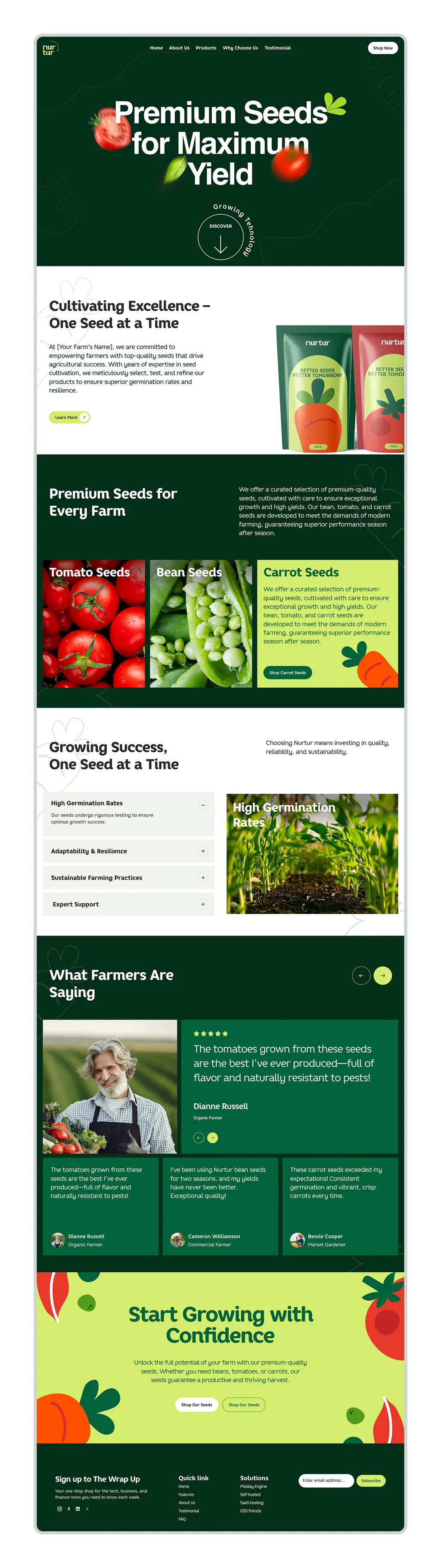 Nurtur website: “Premium Seeds for Maximum Yield” hero, seed packs, tomato, bean and carrot seeds, testimonials and a sign-up footer