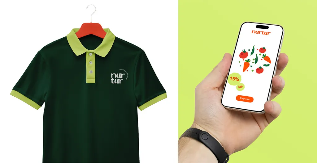Nurtur dark green polo shirt with lime collar and logo, next to a hand holding a phone with a 15% off vegetable offer