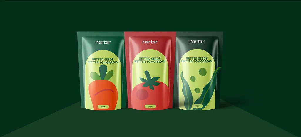 Nurtur seed pouches in green, red and dark green with carrot, tomato and bean art and “Better Seeds Better Tomorrow”