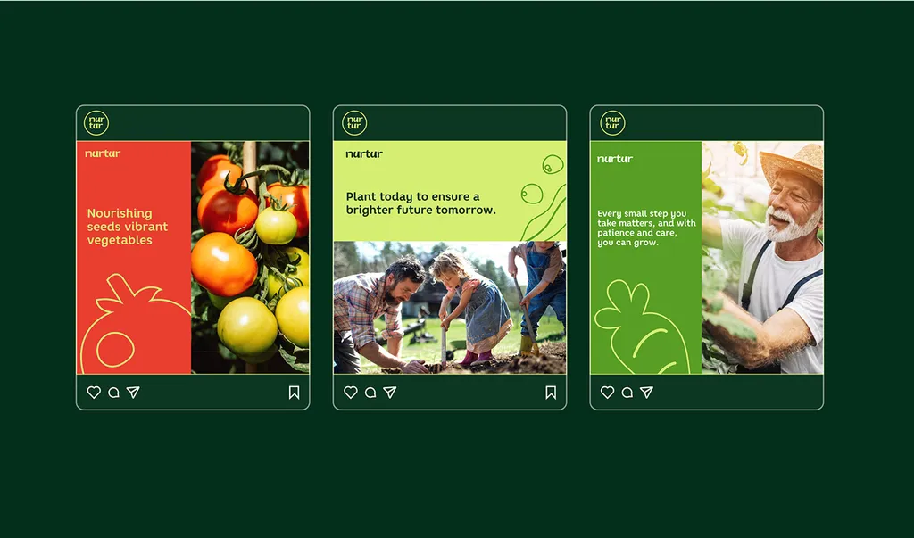 Nurtur social posts on dark green: “Nourishing seeds vibrant vegetables”, “Plant today to ensure a brighter future tomorrow” and more