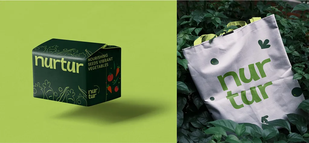 Nurtur dark green box with line-drawn vegetables and “Nourishing Seeds Vibrant Vegetables”, next to a white tote in green plants