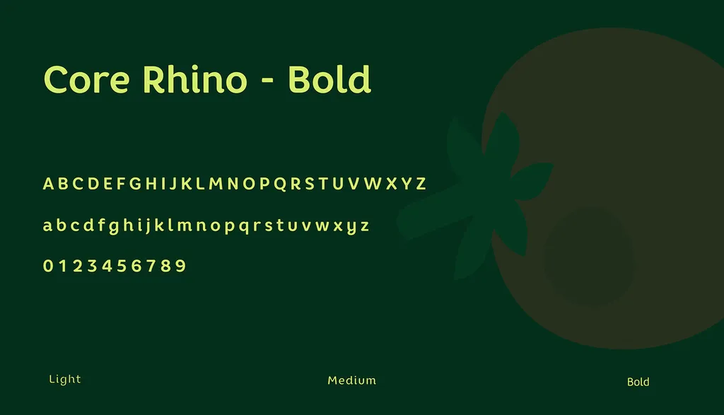 Nurtur typography page: Core Rhino Bold alphabet and numbers in lime on dark green, with Light, Medium and Bold weights