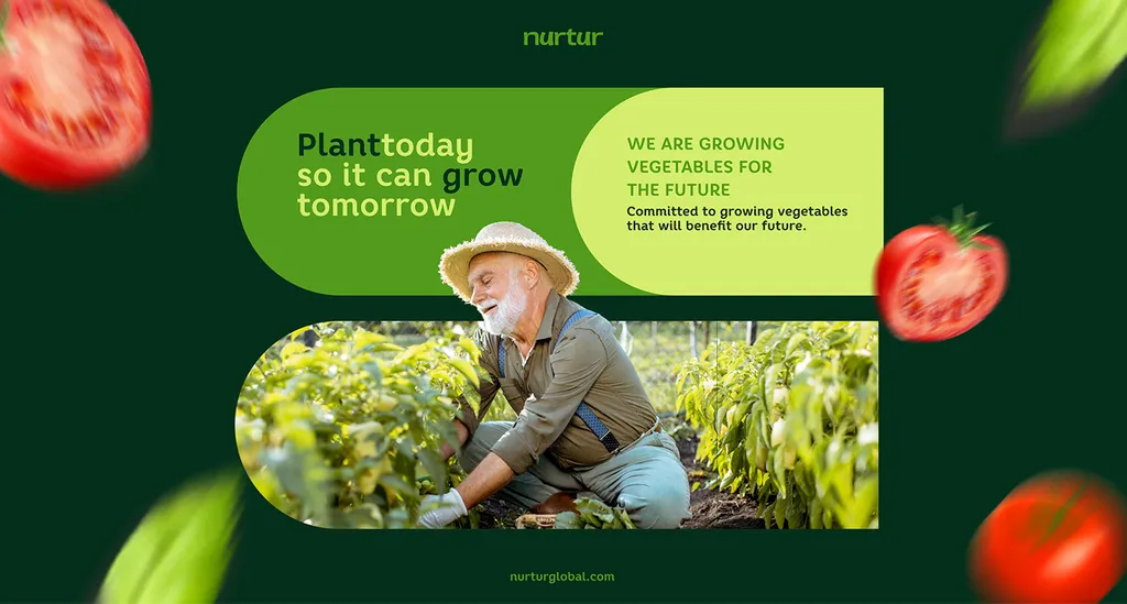 Nurtur banner: “Plant today so it can grow tomorrow” and “We Are Growing Vegetables For The Future” with a farmer and tomatoes