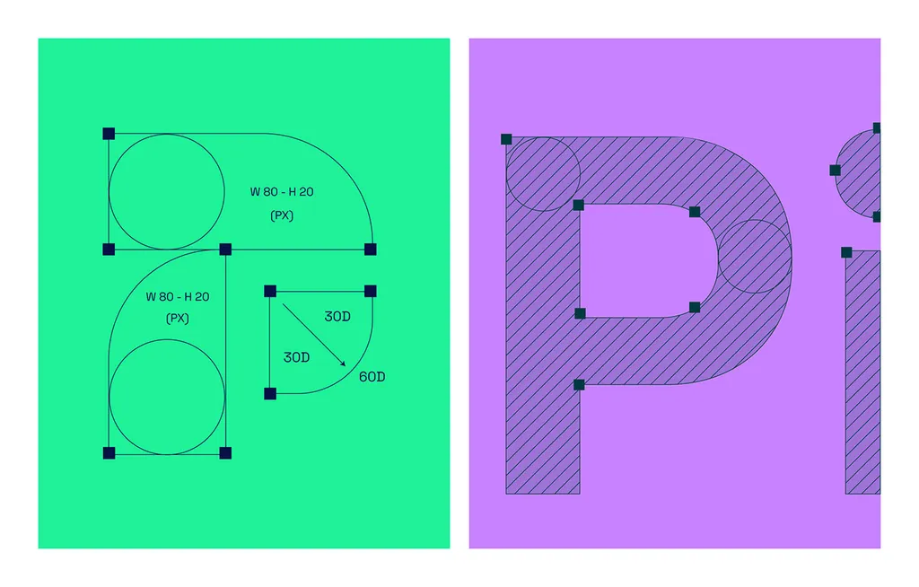 Pinvet P mark construction on green and purple: rounded shapes drawn over circles with size and angle notes