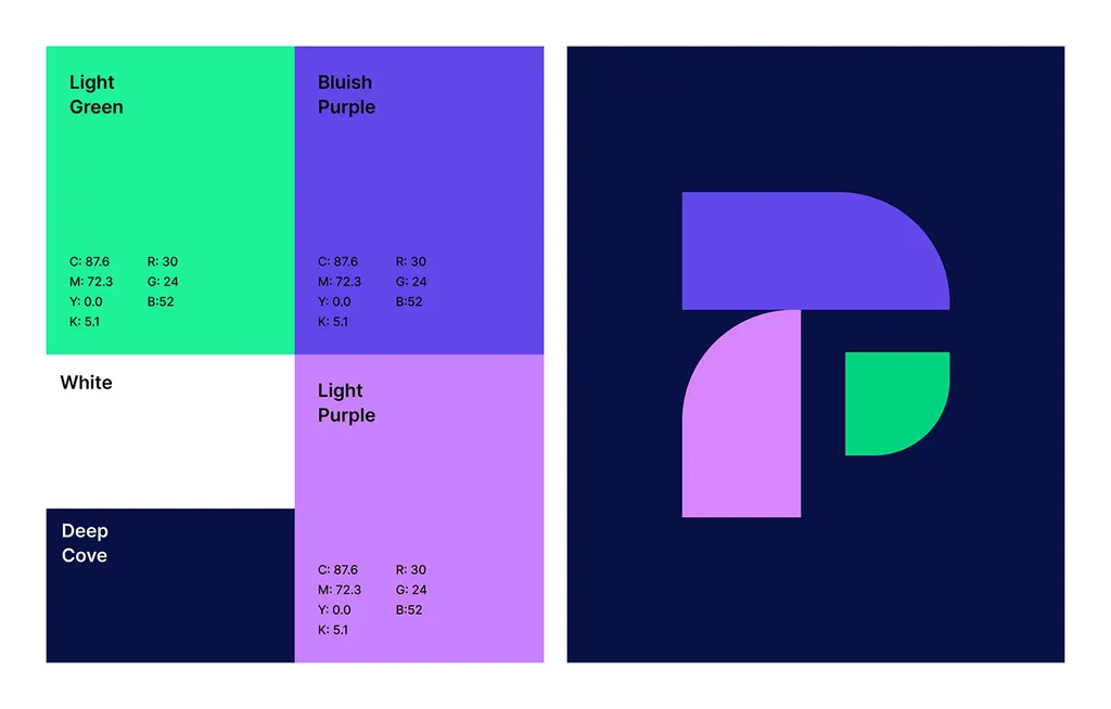 Pinvet colors: light green, bluish purple, white, Deep Cove and light purple, next to the three-part P mark on navy