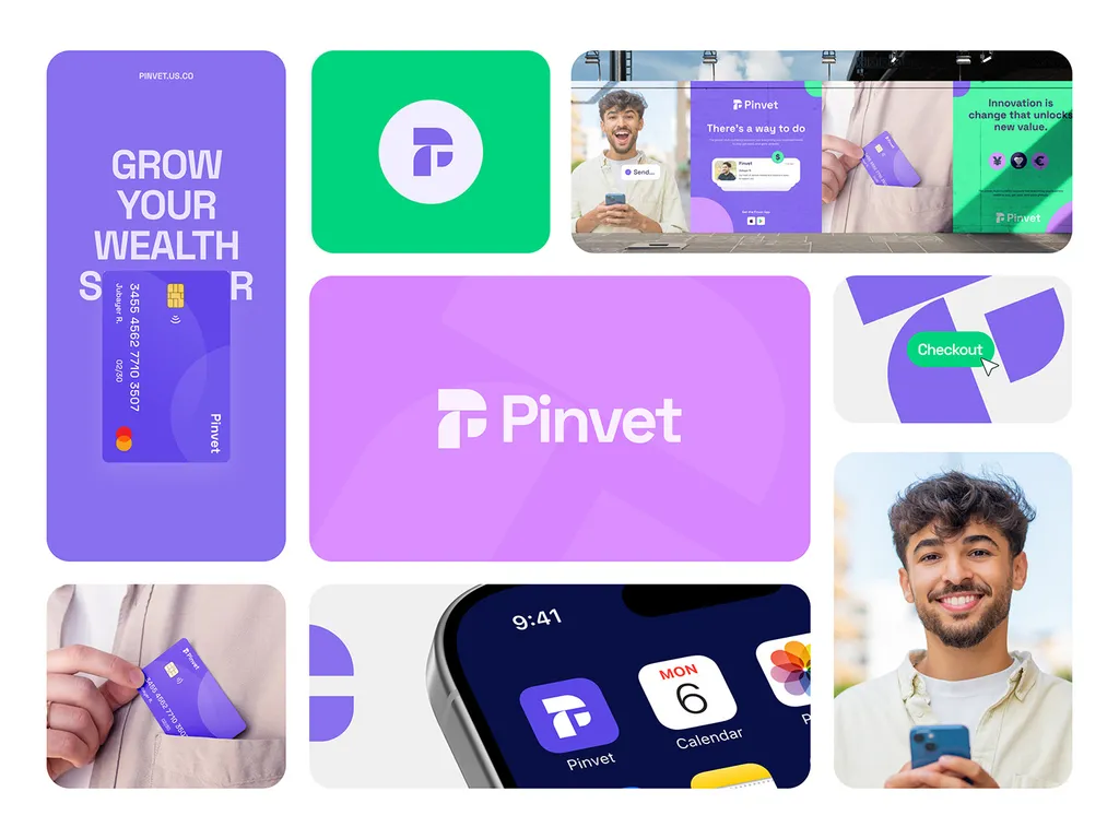 Pinvet brand grid: a “GROW YOUR WEALTH” card, the app icon, the wordmark on purple, street posters and a smiling man