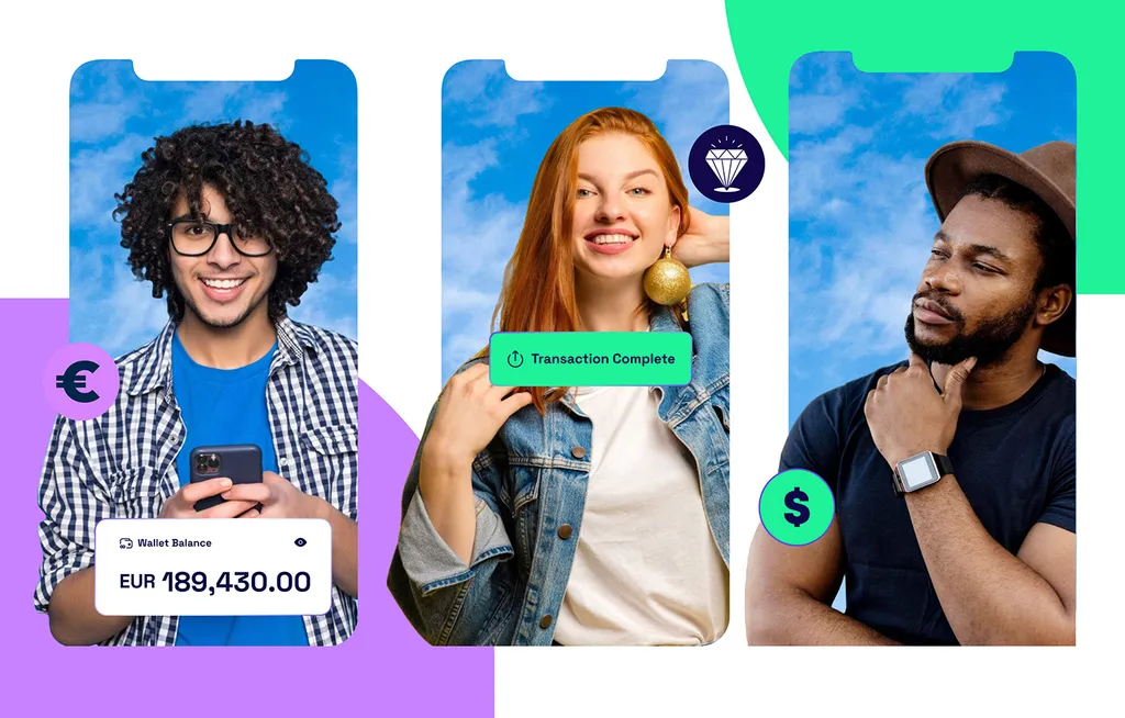 Three Pinvet phone frames with smiling people on blue sky, a EUR wallet balance and a “Transaction Complete” badge