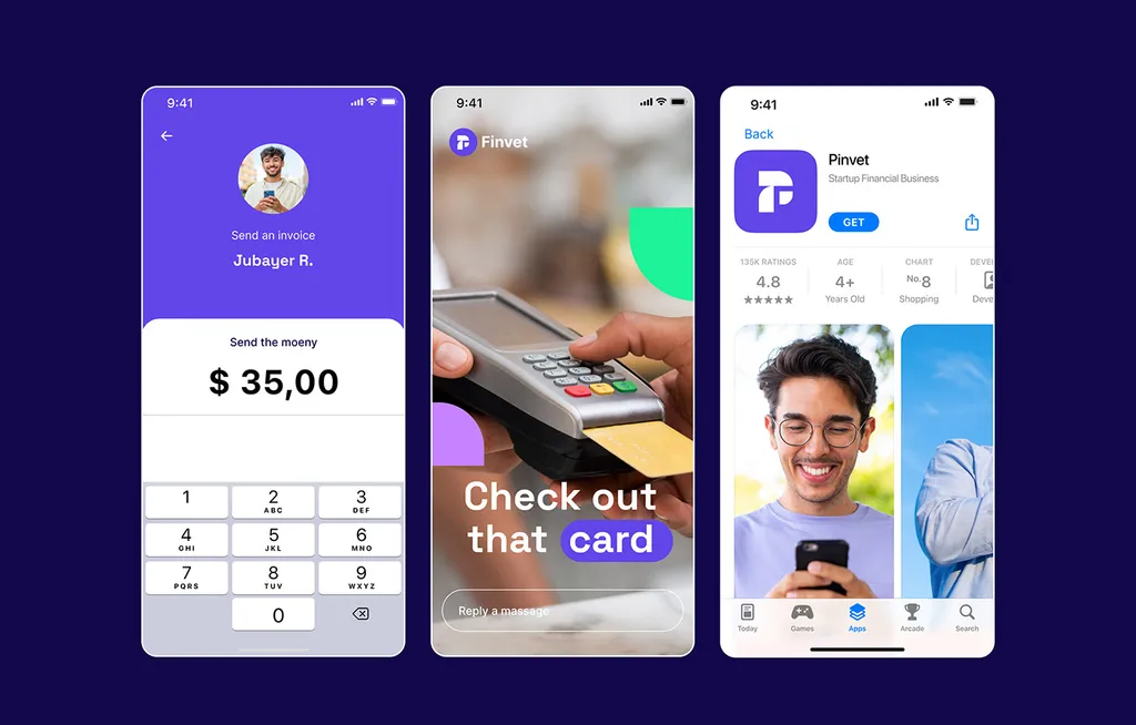 Three Pinvet app screens on navy: sending money to a contact, a “Check out that card” story and the App Store page
