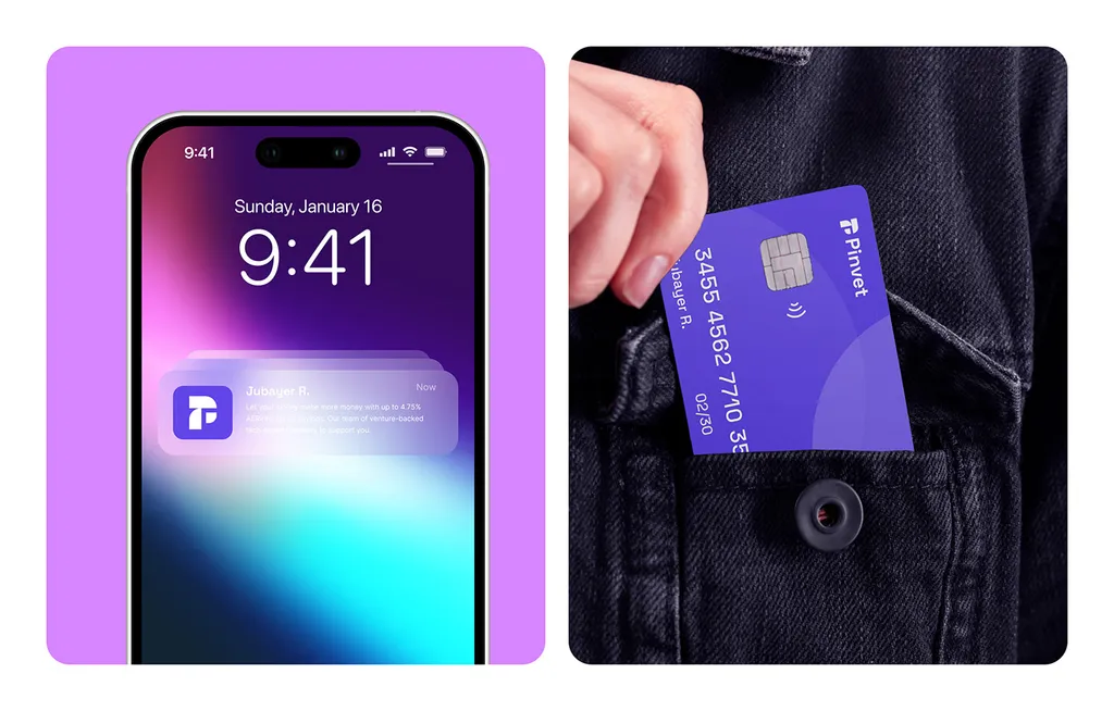 Pinvet notification on a phone lock screen, and a purple Pinvet card slipping into a dark denim pocket