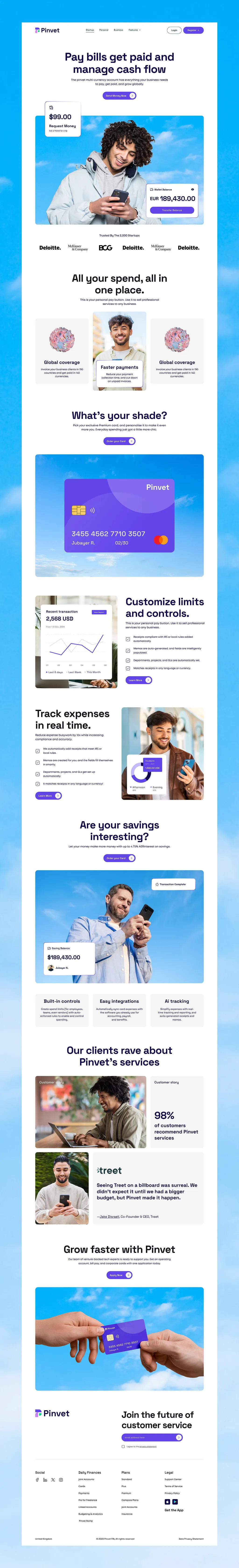 Pinvet website: “Pay bills get paid and manage cash flow”, the premium card, spend controls, expense tracking and savings