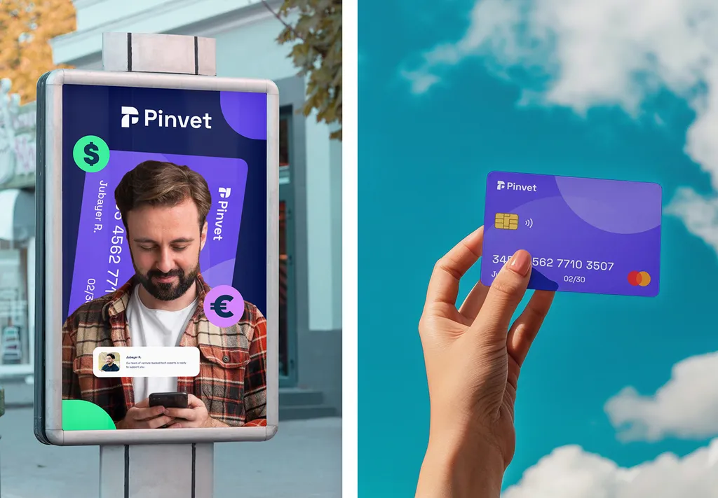Pinvet poster in a street lightbox with a man and a purple card, and a hand holding a Pinvet card against the sky