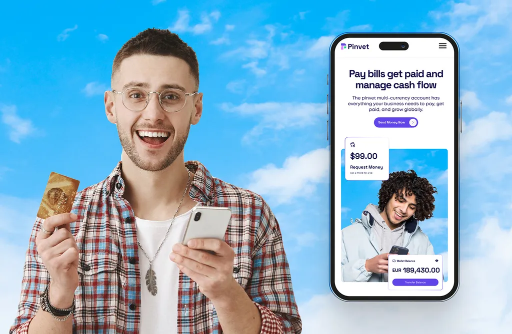 Pinvet mobile website on a phone, next to a smiling man holding a gold card and a phone against a blue sky