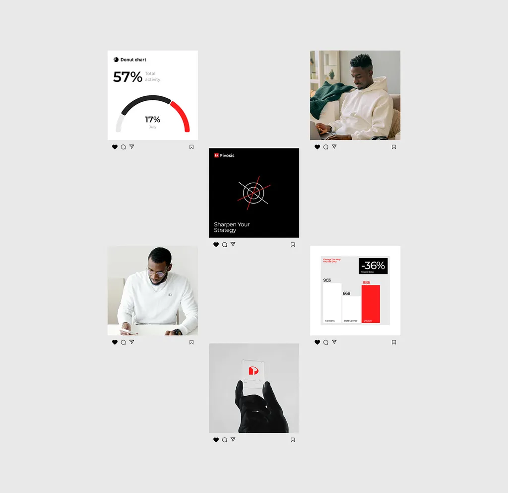 Pivosis social grid: donut and bar charts, “Sharpen Your Strategy”, portraits of a man in white and a hand with a clear card