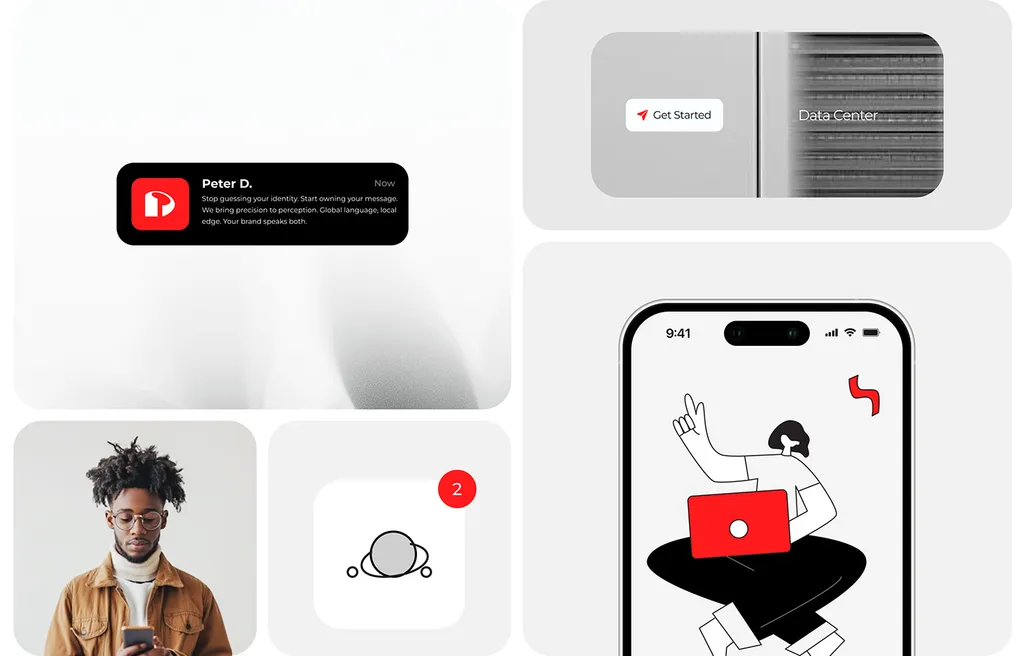 Pivosis app collage: a Peter D. notification, Get Started and Data Center buttons, an app icon and a phone illustration