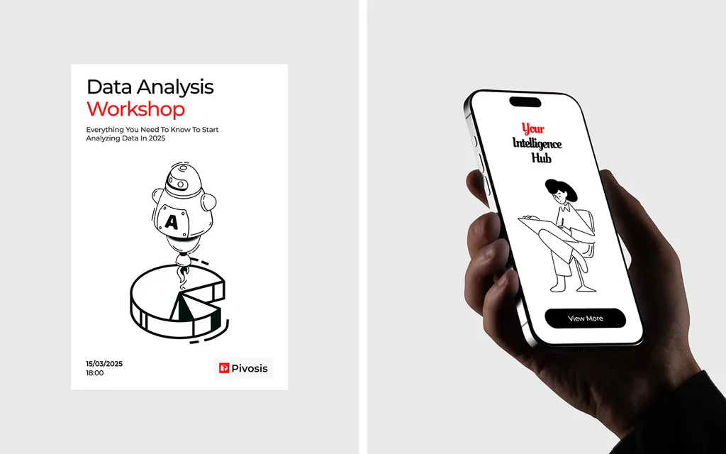Pivosis “Data Analysis Workshop” poster with a robot illustration, next to a phone showing “Your Intelligence Hub”