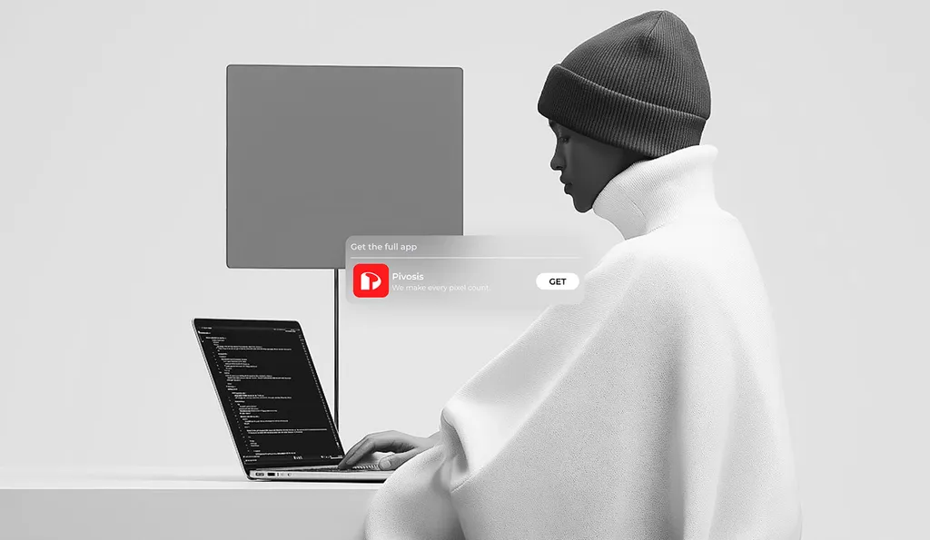 Pivosis “Get the full app” banner over a person in a white sweater and beanie coding on a laptop