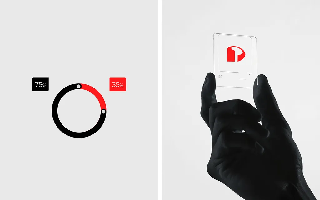 Pivosis red and black ring chart at 75% and 35% next to a black-gloved hand holding a clear card with the red P mark