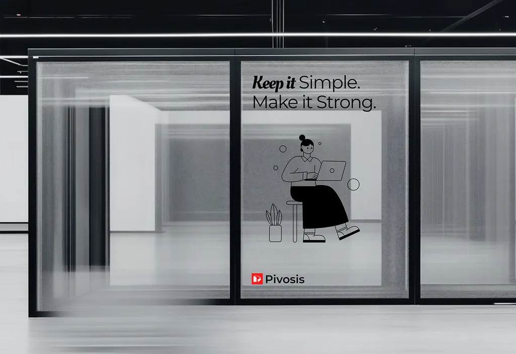 Pivosis glass office wall with “Keep it Simple. Make it Strong.” and a line drawing of a woman working on a laptop