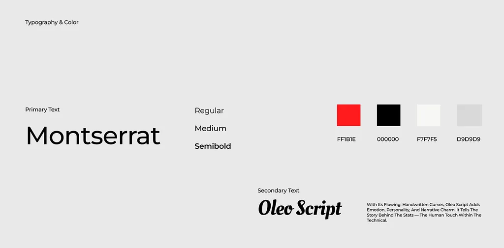 Pivosis typography and color page: Montserrat and Oleo Script with red FF1B1E, black 000000, F7F7F5 and D9D9D9