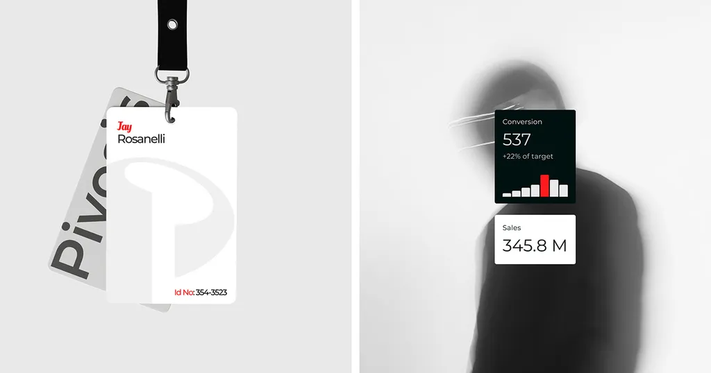Pivosis ID badge for Jay Rosanelli on a black lanyard, next to Conversion 537 and Sales 345.8 M cards over a blurred figure
