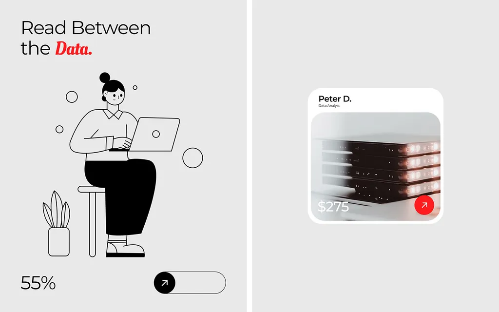 Pivosis panel: “Read Between the Data.” with a line drawing of a woman on a laptop, next to a Peter D. data analyst card