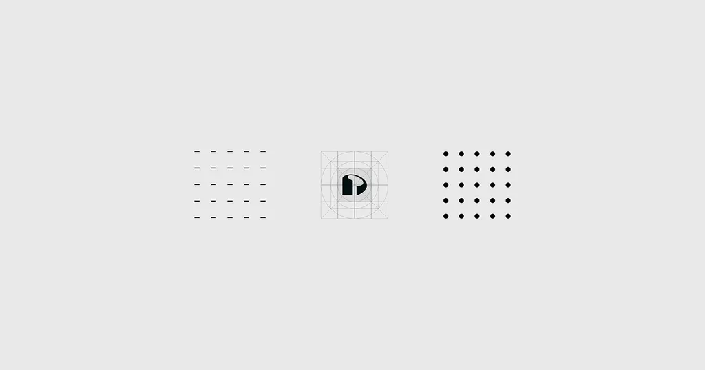 Pivosis P mark on its construction grid, between a grid of short dashes and a grid of black dots