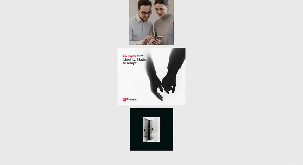 Pivosis social posts: two people looking at a phone, “The digital-first identity. Made to adapt.” and a server door on black