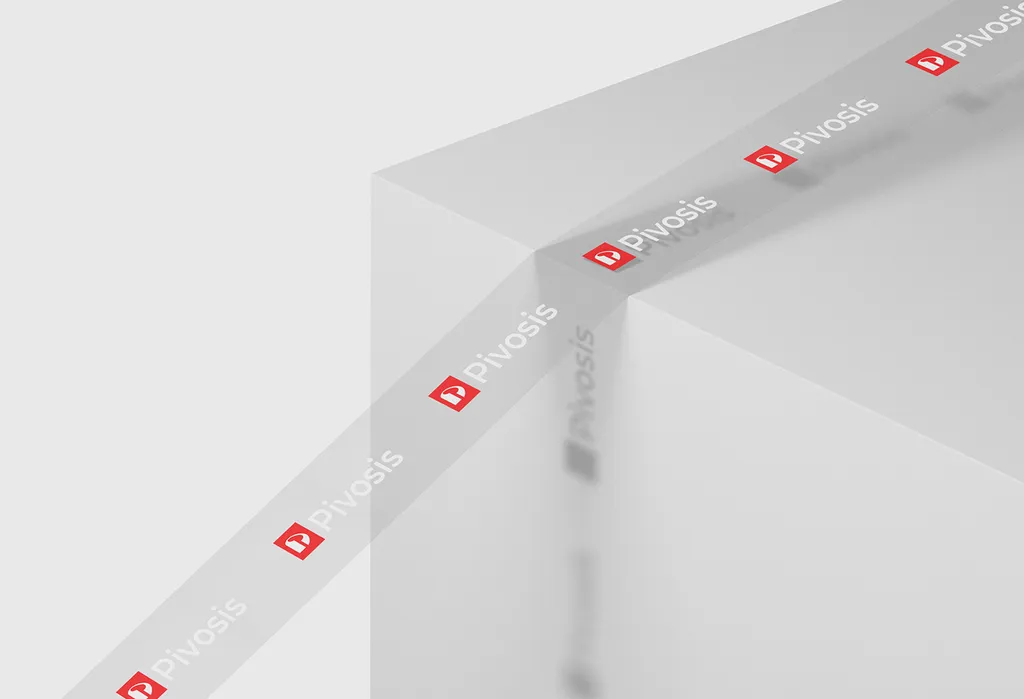 Pivosis branded tape with the red logo, running over the corner of a pale gray box