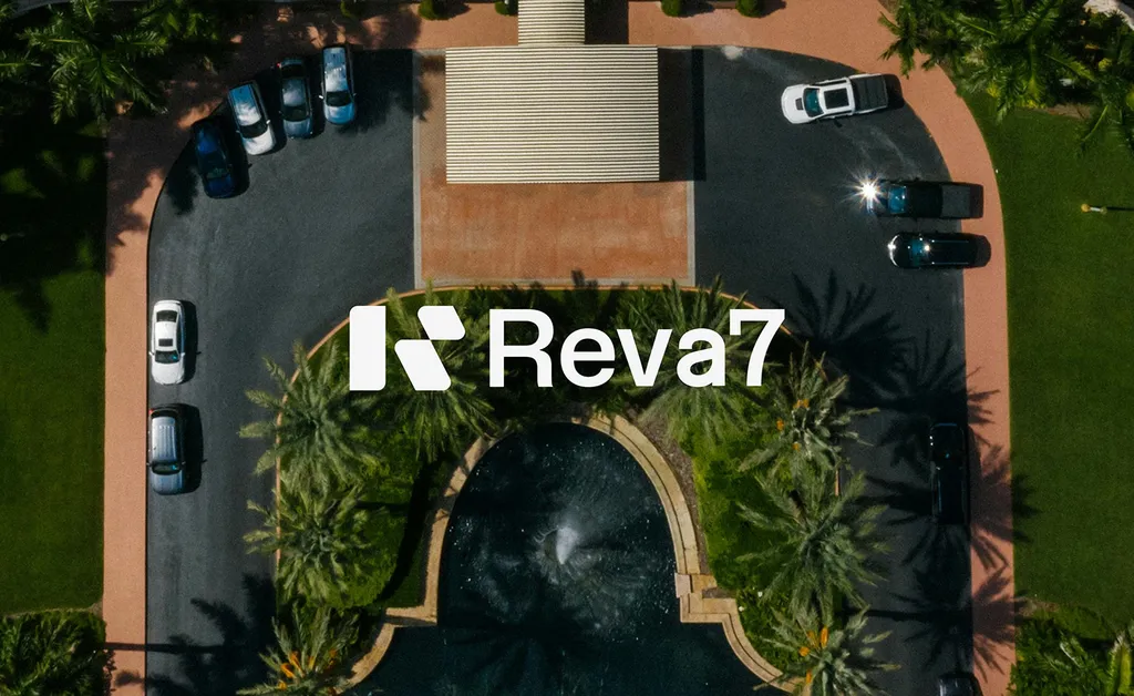 Reva7 logo over an aerial view of the resort entrance, palm trees and a fountain