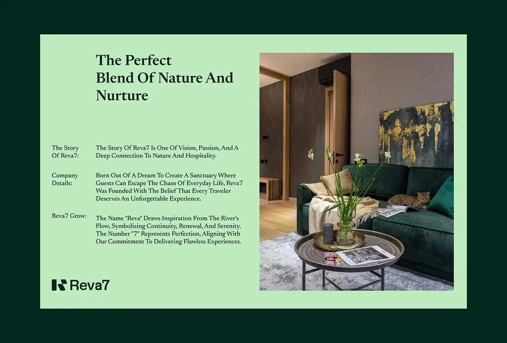 Reva7 brand story page, “The Perfect Blend Of Nature And Nurture”, with a lounge photo