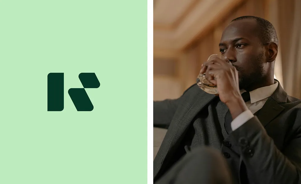 Dark green Reva7 R monogram on mint next to a man in a suit drinking