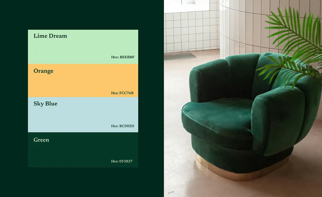 Reva7 color palette, lime dream, orange, sky blue and green, next to a green velvet armchair