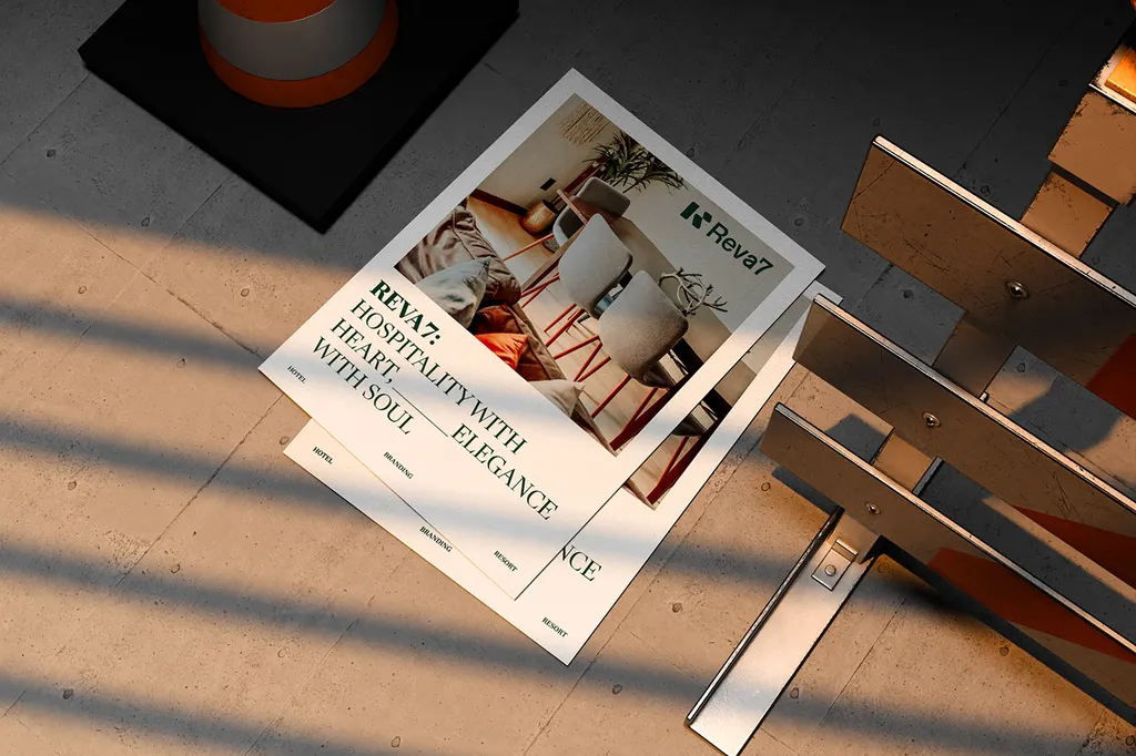 Reva7 flyers on a sunlit deck chair: “Hospitality with heart, elegance with soul”
