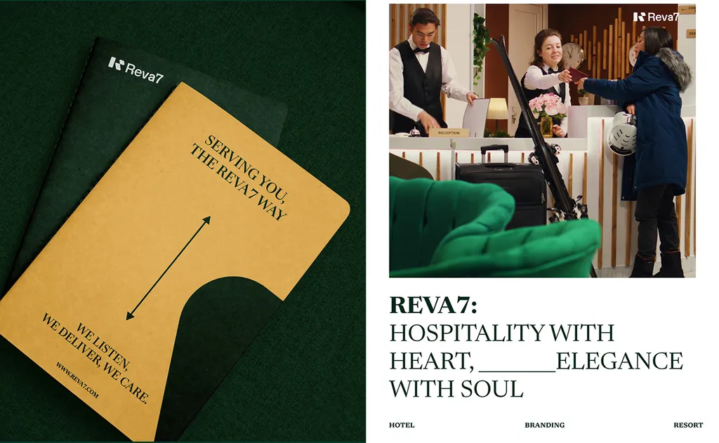 Reva7 welcome folder, “Serving you the Reva7 way”, next to reception staff greeting a guest