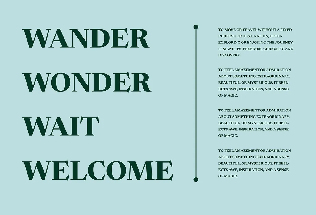 Reva7 typography page with the words Wander, Wonder, Wait, Welcome