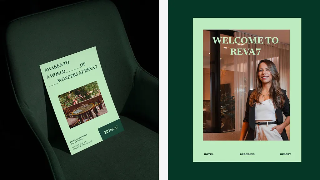 Reva7 menu on a green chair and a “Welcome to Reva7” poster