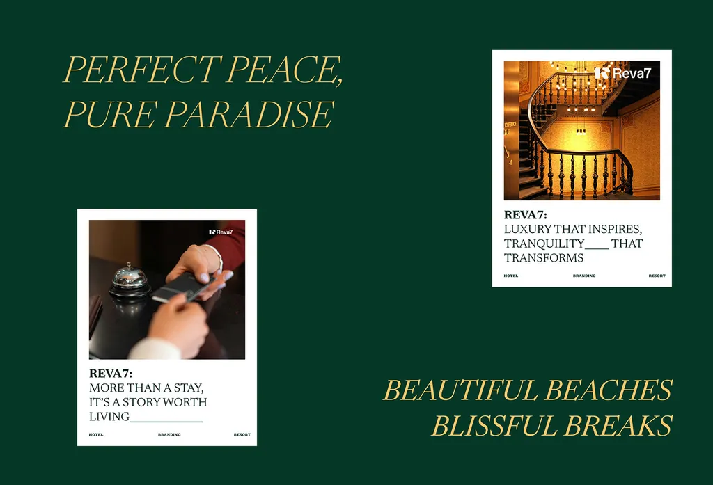 Reva7 print ads on green: “Perfect peace, pure paradise” and “Beautiful beaches, blissful breaks”