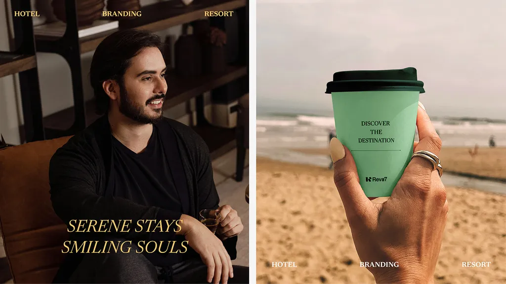 Portrait, “Serene stays, smiling souls”, next to a hand holding a green Reva7 coffee cup on the beach