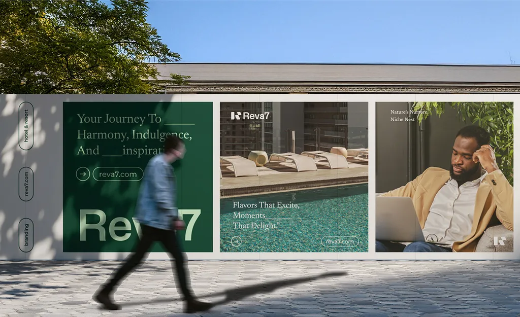 Man walking past a long Reva7 billboard by a pool