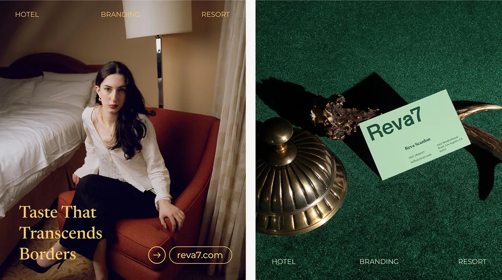 Guest on a hotel bed, “Taste That Transcends Borders”, next to a Reva7 key card on green carpet