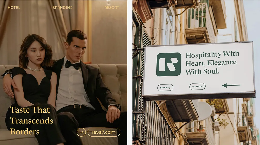 Couple in evening wear, “Taste That Transcends Borders”, and a hanging Reva7 sign