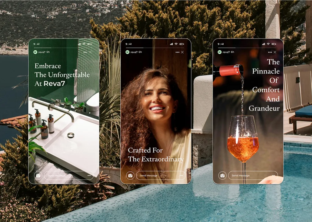 Three Reva7 phone screens over a pool scene: “Embrace the unforgettable at Reva7”